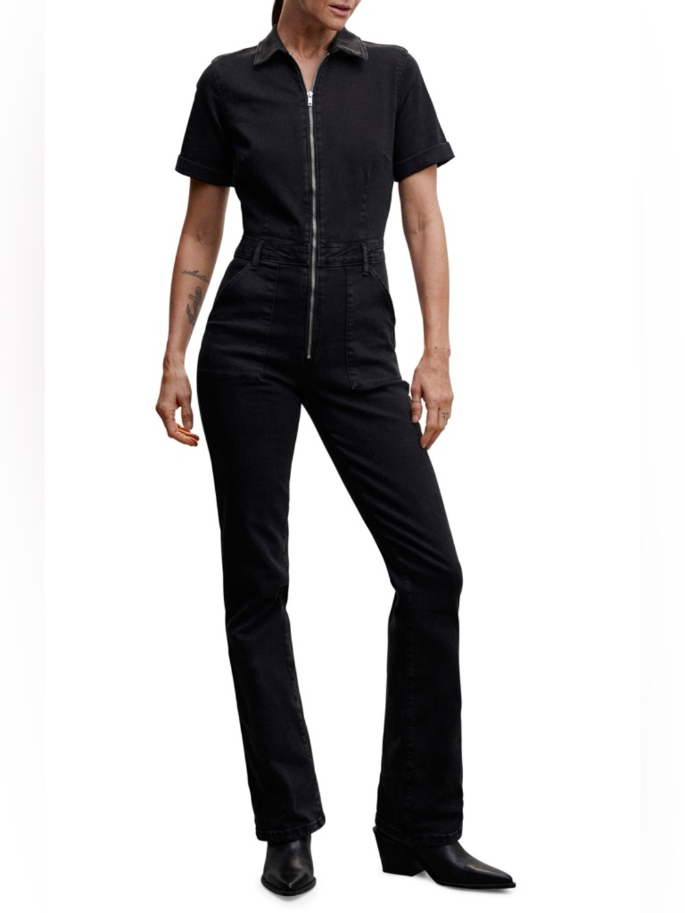 Mango Women XL Black Stretch Denim Zip Short Sleeve Jumpsuit